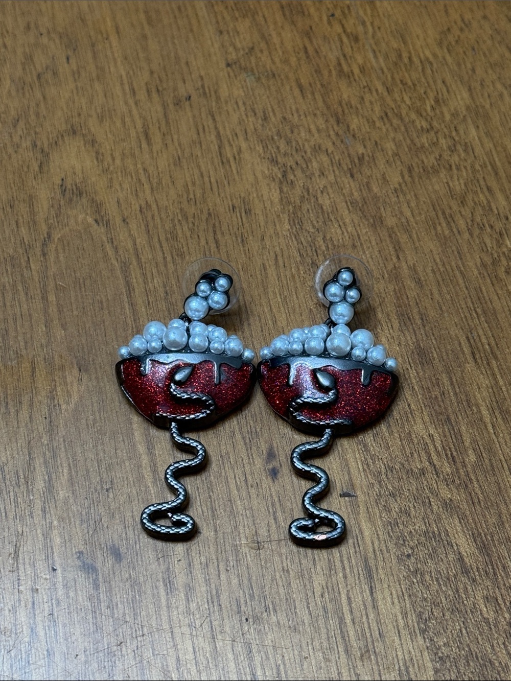 Red Glitter Cocktail Drop Earrings with Pearl Cluster